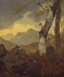 Paisagem montanhosa com cabras e pássaros, c.1657