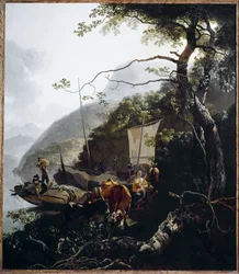 Barco à vela amarrado na praia de um lago, c. 1660