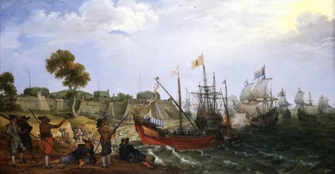 Uma esquadra de guerra holandesa ataca uma fortaleza colonial espanhola, defendida por barcos