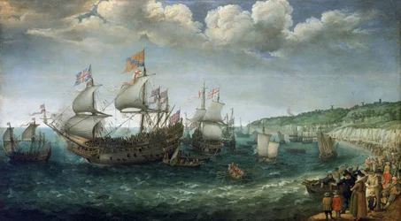 Embarque de Frederico I de Wittelsbach (1596-1632), eleitor do Palatinado (que viria a ser rei da Boémia), no navio "Prince Royal", em Dover (Inglaterra), a 25 de abril