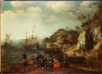 Cena costeira com pescadores e caçadores na costa, 1626