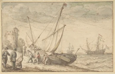 Pescadores transportando seu barco para a costa, s.d..