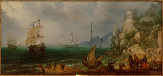 Paisagem costeira rochosa com veleiros e pescadores