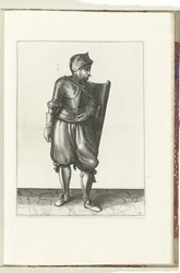 O exercício com a carga e o espadim: o soldado traz a carga das costas por cima do ombro esquerdo (nº 2), 1618
De Nassausche Wapen-Handelinge, van Schilt, Spies, Rappier ende Targe : beyde figuerlick afgebebeelt, ende gestelt na de nieuwe ordening [van] (