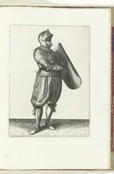 O exercício com o targe e o florete: o soldado segura o alvo ligeiramente para a frente para puxar o florete (n.º 4), 1618 O Nassausche Wapen-Handelinge, van Schilt, Spies, Rappier and the Targe: beyde figuerlick retratado, e o emoldurado após a nova ordem