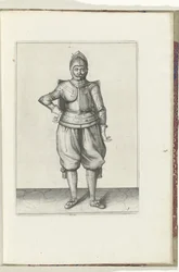 O exercício com a carga e o espadim: o soldado em repouso com a carga nas costas (n.º 1), 1618
De Nassausche Wapen-Handelinge, van Schilt, Spies, Rappier ende Targe : beyde figuerlick afgebebeelt, ende gestelt na de nieuwe ordening [van] (...) Maurits van