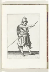 O exercício com escudo e lança: o soldado traz a lança de volta à posição com duas mãos (n.º 29), 1618
De Nassausche Wapen-Handelinge, van Schilt, Spies, Rappier ende Targe : beyde figuerlick afgebebeelt, ende gestelt na de nieuwe ordening [van] (...) Ma