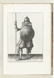 O exercício com escudo e lança: o soldado devolve a lança à posição de repouso em três tempos, terceiro movimento (n.º 12), 1618 O Nassausche Wapen-Handelinge, van Schilt, Spies, Rappier and the Targe: beyde figuerlick retratado, e o emoldurado após o