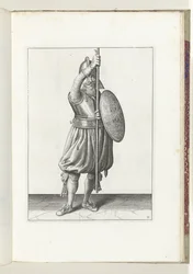 O exercício com escudo e lança: o soldado devolve a lança à posição de descanso em três vezes, segundo movimento (nº 11), 1618
De Nassausche Wapen-Handelinge, van Schilt, Spies, Rappier ende Targe : beyde figuerlick afgebebeelt, ende gestelt na de