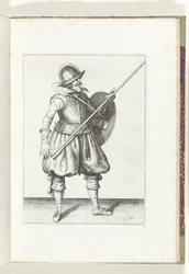 O exercício com escudo e lança: o soldado devolve a lança à posição de repouso em três vezes, primeiro movimento (n.º 10), 1618 O Nassausche Wapen-Handelinge, van Schilt, Spies, Rappier and the Targe: beyde figuerlick retratado, e o emoldurado após o