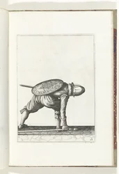 O exercício de escudo e espiga: o soldado se abaixa para pegar o espinho (nº 28), 1618 O Nassausche Wapen-Handelinge, van Schilt, Spies, Rappier and the Targe: beyde figuerlick retratado, e o emoldurado após a nova ordem [de] (...) Maurits van Nassau (t