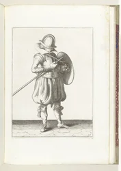 O exercício com escudo e lança: o soldado segura a lança e o escudo perto do corpo (n.º 15), 1618
De Nassausche Wapen-Handelinge, van Schilt, Spies, Rappier ende Targe : beyde figuerlick afgebebeelt, ende gestelt na de nieuwe ordening [van] (...) Mauritân
