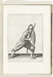O exercício de escudo e espiga: o soldado em posição defensiva com um pé na frente e sua espada e escudo no joelho na frente do corpo (nº 21), 1618 The Nassausche Wapen-Handinge, van Schilt, Spies, Rappier andde Targe : beyde figuerli