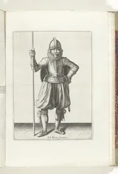 O exercício com escudo e lança: o soldado em repouso com a lança na mão e o escudo nas costas (n.º 1), 1618
De Nassausche Wapen-Handelinge, van Schilt, Spies, Rappier ende Targe : beyde figuerlick afgebebeelt, ende gestelt na de nieuwe ordening [van] (