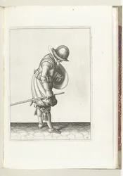 O exercício de escudo e espiga: o soldado coloca o espinho no chão ao lado de seu pé direito (nº 16), 1618 O Nassausche Wapen-Handelinge, van Schilt, Spies, Rappier and the Targe: beyde figuerlick retratado, e o emoldurado após a nova ordem [de] (...) M