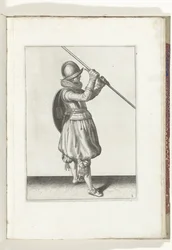 O exercício de escudo e espiga: o soldado com o espigão em ambas as mãos e o escudo nas costas (nº 2), 1618 O Nassausche Wapen-Handelinge, van Schilt, Spies, Rappier and the Targe: beyde figuerlick retratado, e o emoldurado após a nova ordem [va