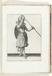 O exercício com escudo e lança: o soldado segurando a lança na diagonal com a mão direita na cabeça e o escudo na parte de trás (n.º 3), 1618
De Nassausche Wapen-Handelinge, van Schilt, Spies, Rappier ende Targe : beyde figuerlick afgebebeelt, end