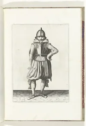 O exercício com escudo e lança: o soldado em repouso com o escudo nas costas (n.º 27), 1618
De Nassausche Wapen-Handelinge, van Schilt, Spies, Rappier ende Targe : beyde figuerlick afgebebeelt, ende gestelt na de nieuwe ordening [van] (...) Maurits v
