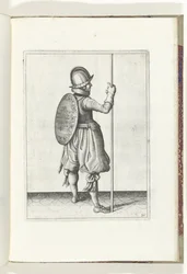 O exercício de escudo e espiga: o soldado em pé com o espinho apoiado no chão ao lado do pé direito (nº 30), 1618 O Nassausche Wapen-Handelinge, van Schilt, Spies, Rappier and the Targe: beyde figuerlick retratado, e o emoldurado após a nova ordem