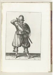O exercício de escudo e espiga: o soldado reembainhando sua espada (nº 24), 1618 O Nassausche Wapen-Handelinge, van Schilt, Spies, Rappier and the Targe: beyde figuerlick retratado, e emoldurado após a nova ordem [de] (...) Maurits van