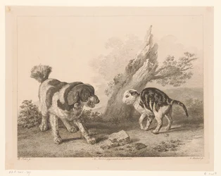 Cão e gato em posição de luta virados um para o outro
Animais após pinturas de mestres holandeses (título da série)
Différens animaux gravés d