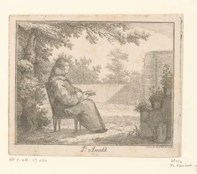 Retrato de Arnoldus a Sancta Clara com um livro em um jardim P. Arnold (título no objeto)