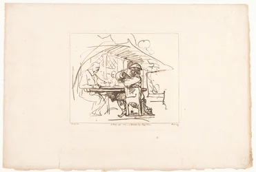 Dois homens em uma mesa, um deles com um jarro Seis gravuras após desenhos de Rembrandt, mantidas na Hofbibliothek em Viena (título da série) Seis estampes gravées d