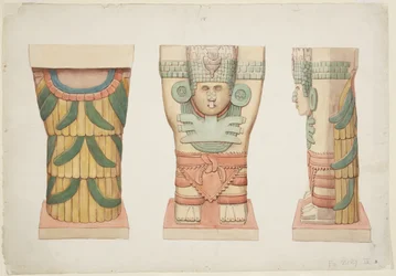 Caryatid da câmara exterior, Templo A, quadra de bolas, Chichen Itza (aquarela)