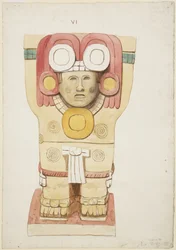 Caryatid da câmara exterior, Templo A, quadra de bolas, Chichen Itza, México (aquarela)