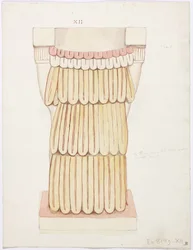 Caryatid da câmara exterior, Templo A, quadra de bolas, Chichen Itza, México (aquarela)