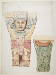 Caryatid da câmara exterior, Templo A, quadra de bolas Chichen Itza, México (aquarela)