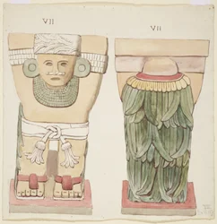 Caryatid da câmara exterior, Templo A, quadra de bolas, Chichen Itza, México (aquarela)