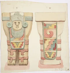 Caryatid da câmara exterior, Templo A, quadra de bolas, Chichen Itza, México (aquarela)