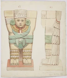 Caryatid da câmara exterior, Templo A, quadra de bolas Chichen Itza, México (aquarela)