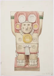Caryatid da câmara exterior, Templo A, quadra de bolas, Chichen Itza, México (aquarela)