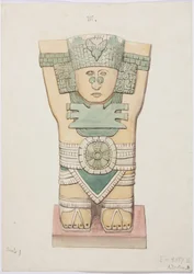 Caryatid da câmara exterior, Templo A, quadra de bolas, Chichen Itza, México (aquarela)
