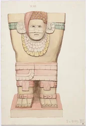 Caryatid da câmara exterior, Templo A, templo da quadra de bolas, Chichen Itza, México (aquarela)