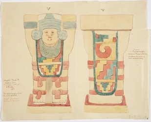 Caryatid da câmara exterior, Templo Superior dos Jaguares (Templo A), quadra de bolas, Chichen Itza (aquarela)