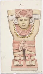 Caryatid da câmara exterior, templo A, quadra de bolas, Chichen Itza, México (aquarela)