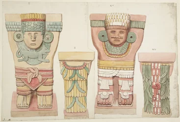 Caryatids II e XV da câmara exterior, Templo Superior dos Jaguares, Chichen Itza, México (aquarela)