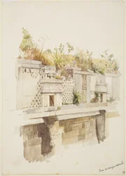 Casa de Monjas, Uxmal, México Pintura do piso superior das ruínas (aguarela)