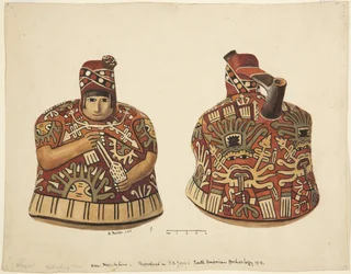 Recipiente com uma figura humana de um lado e um bico atrás da cabeça De Nazca, Peru (aquarela)