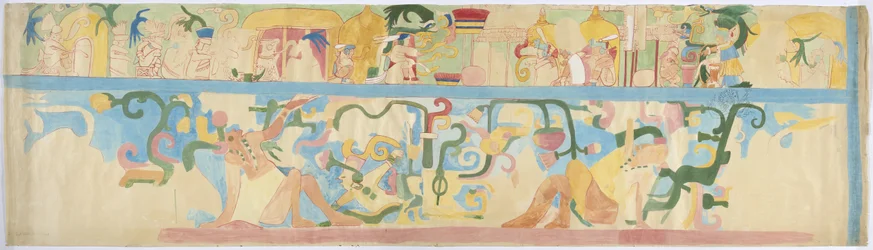 Cópia de uma pintura mural da parede sudoeste, Templo Superior dos Jaguares, Chichen Itza, México (aquarela e cor de corpo)