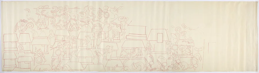 Cópia de um traçado de uma pintura de parede do painel sul da parede oeste, templo interior, Templo Superior dos Jaguares, Chichen Itza, México (tinta vermelha)