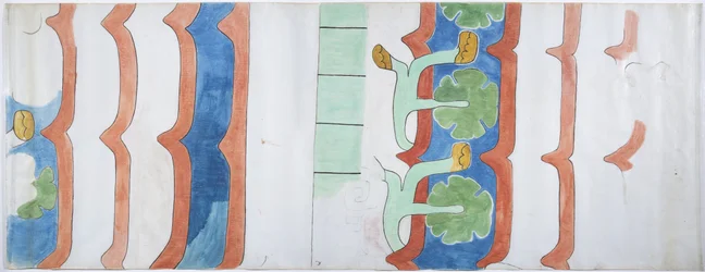 Cópia de uma pintura de parede do Templo da Agricultura, Teotihuacan, México (aquarela, cor de corpo, grafite)