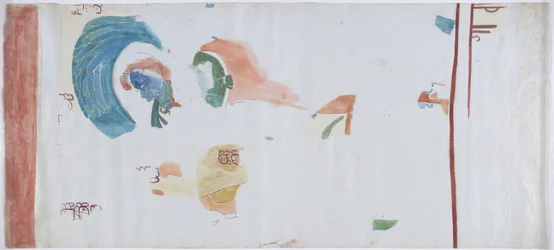Cópia de uma pintura de parede da pequena câmara Acanceh, México Linhas de lápis, aguarela Em três partes (linhas de lápis e aguarela)