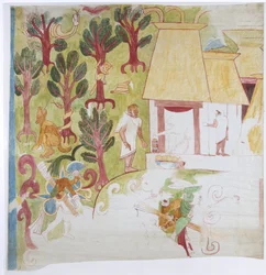 Cópia de parte de uma pintura de parede do painel da extremidade sul, parede leste, câmara interior, Templo Superior dos Jaguares, Grande Corte de Bolas, Chichen Itza,

 (aguarela e cor de corpo)