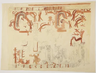 Desenho a partir de um Belize (ex-British Honduras) Design inclui figuras humanas e serpentes emplumadas (aguarela)