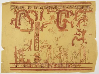 Desenho a partir de um Belize (ex-British Honduras) Design inclui figuras humanas e serpentes emplumadas (aguarela)
