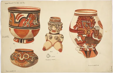 Quatro peças de olaria - três vasos e uma figura (aguarela)